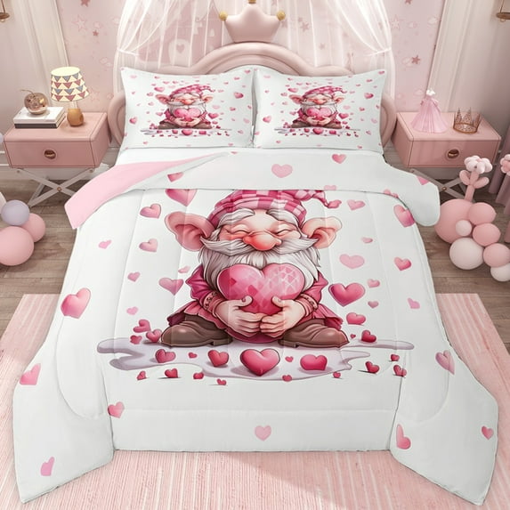 jejeloiu Cartoon Gnome Loves Full Size Comforter Sets,Happy Valentine's Day Bedding Sets For Girls Women Reversible 3 Pieces