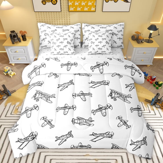 jejeloiu Cartoon Graffiti Airplane 7-Piece Bedding Comforter Set,Retro Flying Aircraft Theme King Bedding Sets,White Gray Bed Sheets For Kids,Breathable Home Decor Reversible