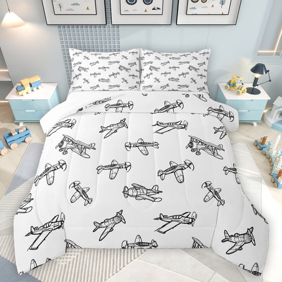 jejeloiu Cartoon Graffiti Airplane Queen Comforter Set,Retro Flying Aircraft Theme Bedding Sets,White Gray Bedding Comforter Set For Kids,Breathable Home Decor,3 Pieces