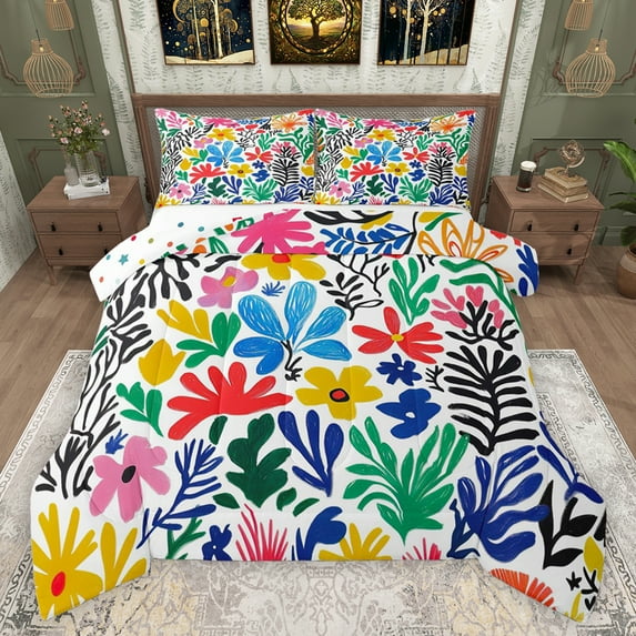 jejeloiu Cartoon Graffiti Flowers Full Size Comforter Sets,Colorful Oil Painting Bedding Comforter Set,Multicolor Cute Floral Daisy Bedding Sets For Men Women,Breathable Home Decor Reversible,3pcs