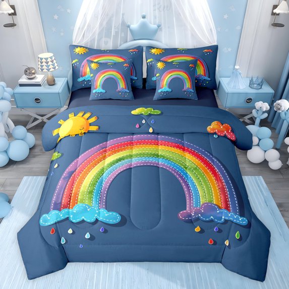 jejeloiu Cartoon Graffiti Rainbow 7-Piece Twin Bedding Sets,Colorful Oil Painting Bedding Comforter Set For Boys Girls Reversible