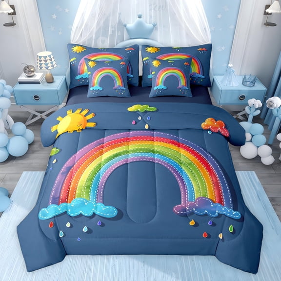 jejeloiu Cartoon Graffiti Rainbow 7-Piece Twin Bedding Sets,Colorful Oil Painting Bedding Comforter Set For Boys Girls Reversible