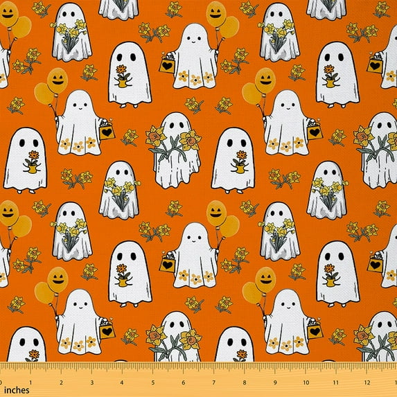 jejeloiu Cartoon Halloween Ghost Fabric by the Yard 2 Yards,Kawaii Rustic Flower Room Decor Fabric by the Yard,White Orange Fabric for Sewing For Boys Girls,Breathable Home Decor