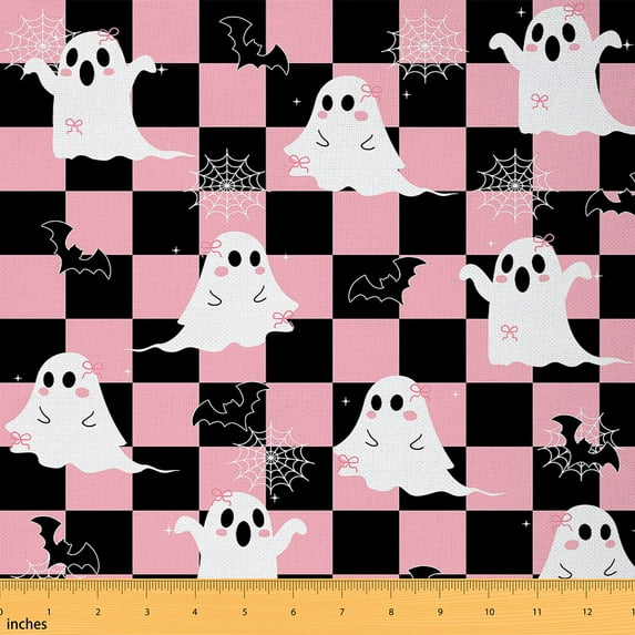 jejeloiu Cartoon Halloween Ghost Fabric by the Yard 2 Yards,Patchwork Geometric Checkered Room Decor Fabric by the Yard,White Pink Black Fabric for Sewing For Boys Girls,Breathable Home Decor