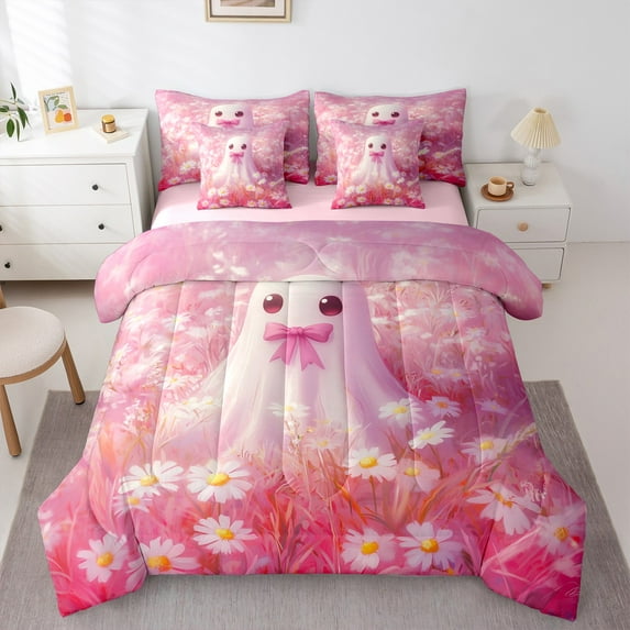 jejeloiu Cartoon Halloween Ghost Twin Bedding Sets 7-Piece,Kawaii Flower Daisy Bedding Comforter Set,Rustic Plant Floral Sheet Sets For Girls Teens,Lightweight Room Decor Reversible