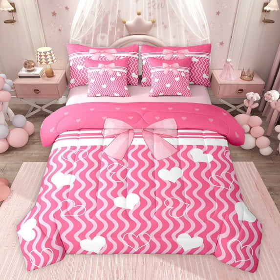 jejeloiu Cartoon Heart Print 7-Piece Twin Bedding Sets,Geometric Wave Striped Bedding Comforter Set For Girl Teens Reversible