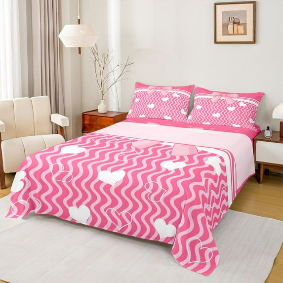 jejeloiu Cartoon Heart Print Queen Sheet Sets,Geometric Wave Striped Bed Set For Girl Teens 4 Pieces