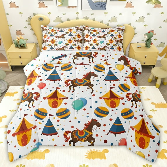 jejeloiu Cartoon Horse Pattern Queen Comforter Set,Colorful Polka Dots Bedding Comforter Set For Girls Boys Reversible 3pcs