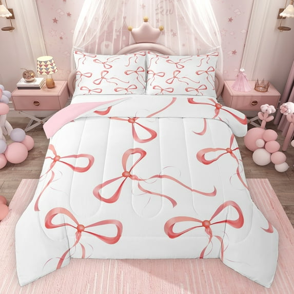 jejeloiu Cartoon Kawaii Bowknot Bedding Comforter Set,Chic Ribbon Bow Twin Comforter Sets,Red Ribbon Bowtie Bedding Set For Girl Breathable Home Decor Reversible,2-Piece