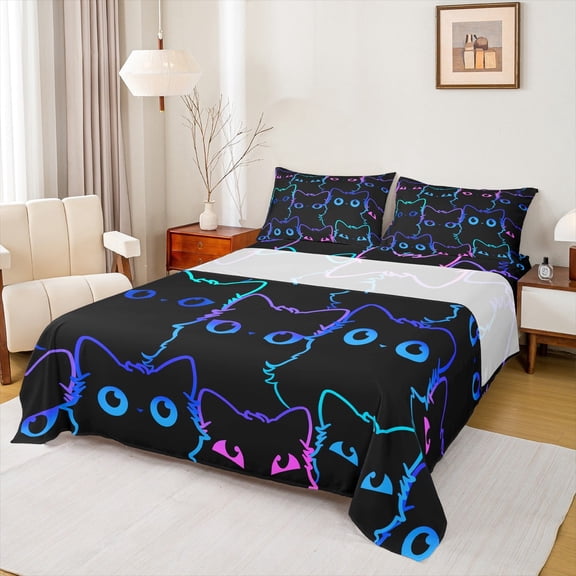 jejeloiu Cartoon Kawaii Cats Twin Sheet Sets,Colorful Animals Twin Fitted Sheet,Multicolor Ombre Kitten Flat Sheet For Kids,Microfiber Bedroom Decor,3-Piece