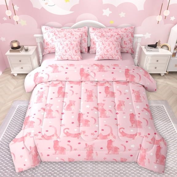 jejeloiu Cartoon Kitten Cat 7-Piece Twin Bedding Sets,Pet Lovers Bedding Comforter Set,Pink Stars Pattern Sheet Sets For Girls,Ultra Soft Home Decor Reversible