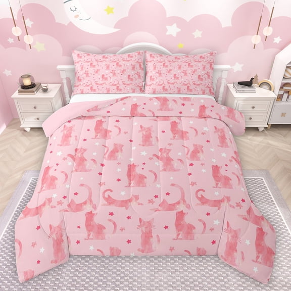 jejeloiu Cartoon Kitten Cat Bedding Comforter Set,Pet Lovers Twin Comforter Sets,Pink Stars Pattern Bedding Set For Girls,Ultra Soft Home Decor Reversible,2 Pieces