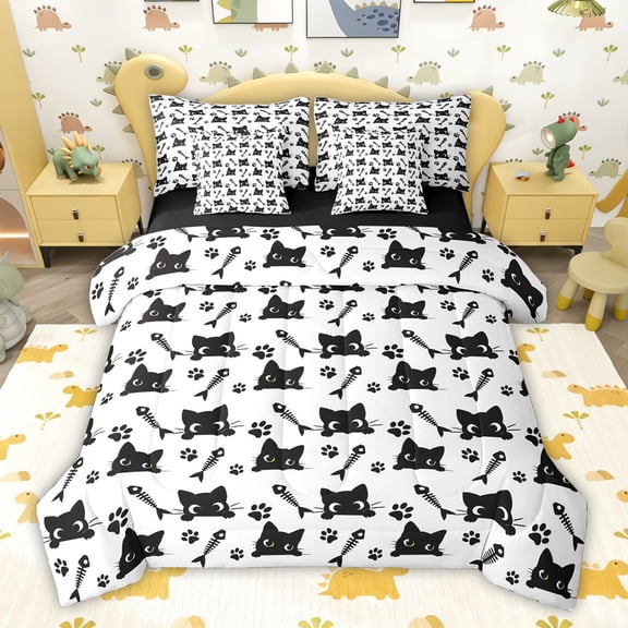 jejeloiu Cartoon Kitten Paws 7-Piece Twin Bedding Sets,White Black Bedding Comforter Set For Pet Lovers Reversible