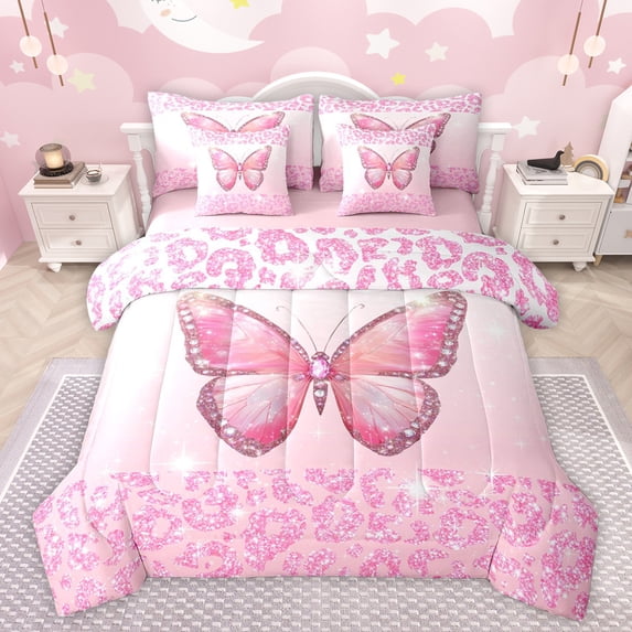 jejeloiu Cartoon Leopard Pattern 7-Piece Twin Bedding Sets,Cute Butterfly Bedding Comforter Set,Pink Glitter Print Sheet Sets For Kids,Ultra Soft Home Decor Reversible