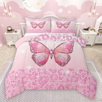 jejeloiu Cartoon Leopard Pattern Bedding Comforter Set,Cute Butterfly Twin Comforter Sets,Pink Glitter Print Bedding Set For Kids,Ultra Soft Home Decor Reversible,2 Pieces