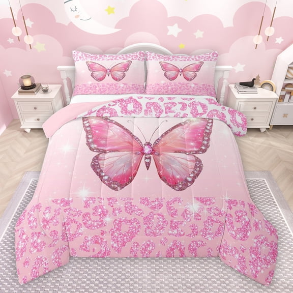 jejeloiu Cartoon Leopard Pattern Bedding Comforter Set,Cute Butterfly Twin Comforter Sets,Pink Glitter Print Bedding Set For Kids,Ultra Soft Home Decor Reversible,2 Pieces