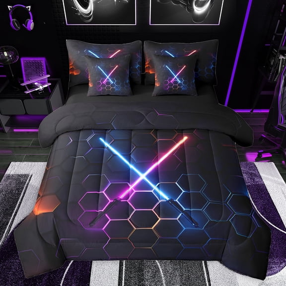 jejeloiu Cartoon Lightsaber 7-Piece Bedding Comforter Set,Geometric Honeycomb Hexagon King Bedding Sets,Gradient Purple Blue Bed Sheets For Teens,Breathable Home Decor Reversible