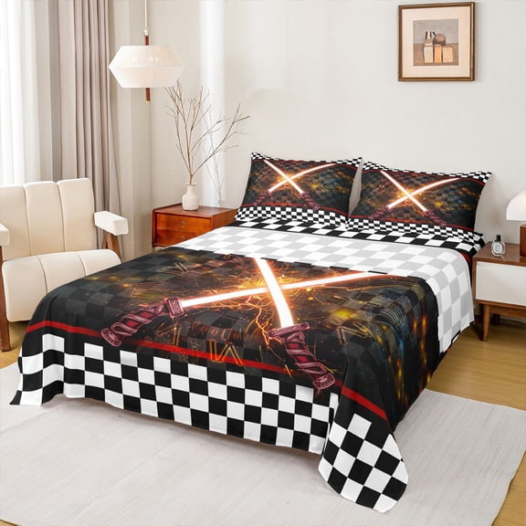 jejeloiu Cartoon Gradient Light Full Size Sheets,Fashion Gamer Gaming Bed Sheets,White Black Checkered Sheet Sets For Teens,Luxury Bedroom Decor,4-Piece