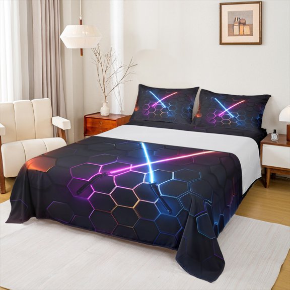 jejeloiu Cartoon Lightsaber Full Size Sheets,Geometric Honeycomb Hexagon Bed Sheets,Gradient Purple Blue Sheet Sets For Teens,Breathable Home Decor,4 Pieces