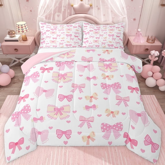 jejeloiu Cartoon Loves Pattern Twin Comforter Sets,Pink Bowknot Bow Bedding Set For Kids Reversible 2pcs