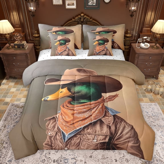 jejeloiu Cartoon Mallard 7 Pieces Bedding Comforter Set,Rustic Duck Abstract Full Bedding Set,Brown Green Fitted Sheet Flat Sheet For Girls Teens,Ultra Soft Home Decor Reversible