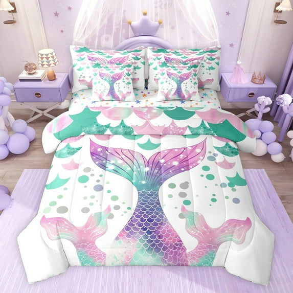 jejeloiu Cartoon Mermaid Animals 7 Pieces Bedding Comforter Set,Colorful Cute Sealife Full Bedding Set For Girls Teens Reversible