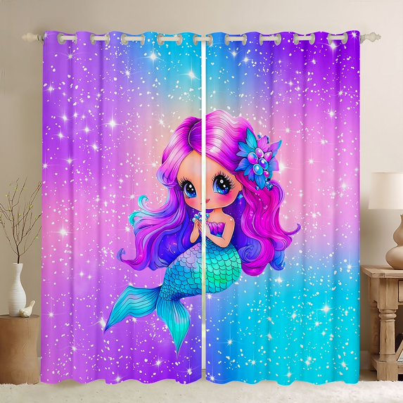 jejeloiu Cartoon Mermaid Black Out Curtains,Magic Ocean Animal Curtains Pack of 2 (42x63 Each),Galaxy Starry Night Bedroom Curtains For Girls Kids,Super Cozy Room Decor