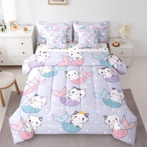 jejeloiu Cartoon Mermaid Cat Twin Bedding Sets 7-Piece,Abstract Cute Kitten Bedding Comforter Set,Pet Animal Lover Sheet Sets For Girl Child,Super Cozy Room Decor Reversible