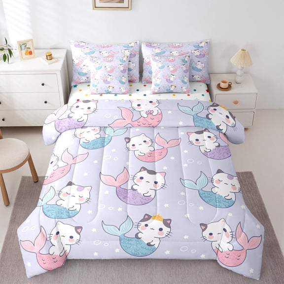jejeloiu Cartoon Mermaid Cat Twin Bedding Sets 7-Piece,Abstract Cute Kitten Bedding Comforter Set,Pet Animal Lover Sheet Sets For Girl Child,Super Cozy Room Decor Reversible
