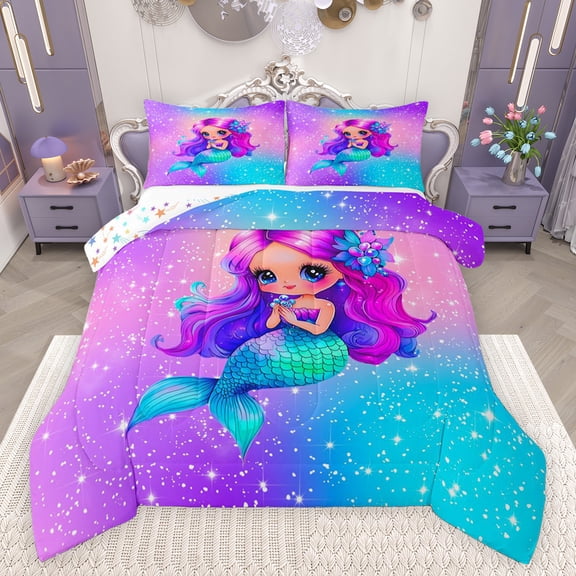 jejeloiu Cartoon Mermaid Full Size Comforter Sets,Magic Ocean Animal Bedding Comforter Set,Galaxy Starry Night Bedding Sets For Girls Kids,Super Cozy Room Decor Reversible,3-Piece