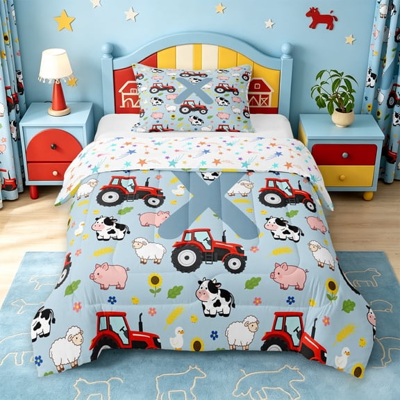Catabedysis Cartoon Monogram X Twin Comforter Sets For Boys,Kawaii Farm Pig Sheep Bedding Set,Colorful Stars Reversible,2pcs,1 Comforter and 1 Pillowcase