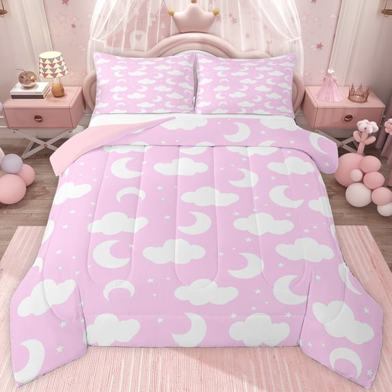 jejeloiu Cartoon Moon Stars Twin Comforter Sets,Cute Clouds Print Bedding Set For Girl Kids Reversible 2 Pieces