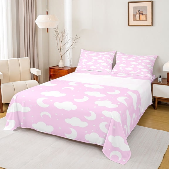 jejeloiu Cartoon Moon Stars Twin Sheet Sets,Cute Clouds Print Bedding For Girl Kids 3 Pieces