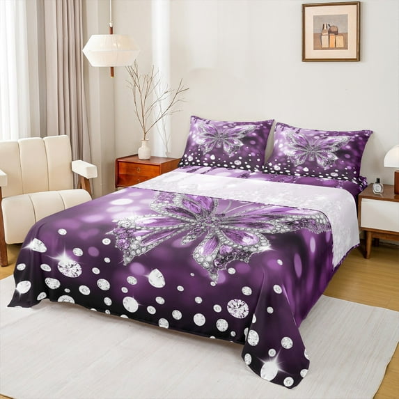 jejeloiu Cartoon Moth Butterfly Twin Sheet Sets,Chic Diamond Twin Fitted Sheet,Purple Sliver Flat Sheet For Kids,Super Cozy Room Decor,3pcs