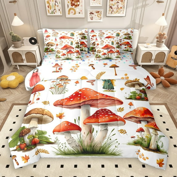 jejeloiu Cartoon Mushroom 7pcs Bedding Comforter Set,Tropical Botanical Plant Queen Bedding Sets,Red White Queen Sheet Sets For Girls Teens,Ultra Soft Home Decor Reversible