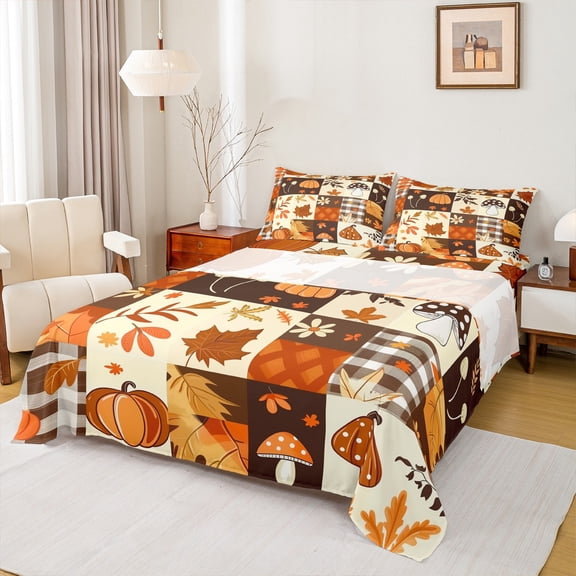 jejeloiu Cartoon Mushroom Bed Sheets,Fall Maple Pumpkin King Sheets,Autumn Fall Theme Sheet Set For Girls,Breathable Home Decor,4-Piece