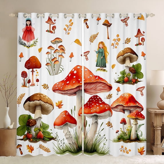jejeloiu Cartoon Mushroom Blackout Curtains Set of 2 (52x84 Each),Tropical Botanical Plant Window Curtains,Red White Curtains and Drapes For Girls Teens,Ultra Soft Home Decor