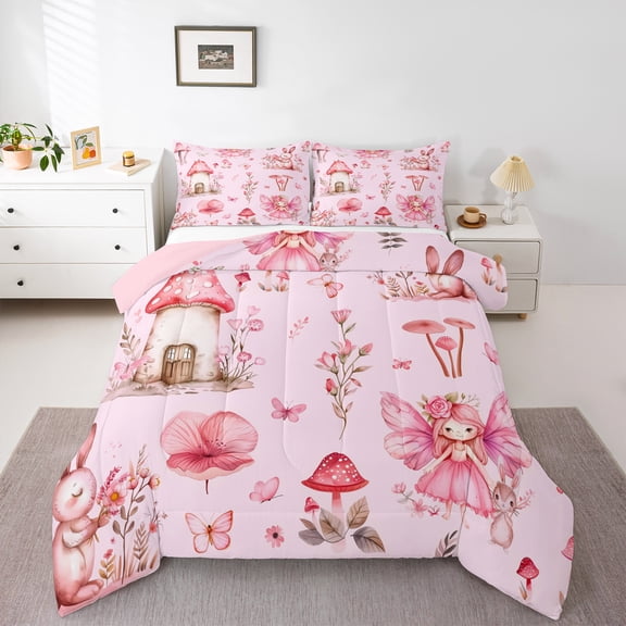 jejeloiu Cartoon Mushroom House Bedding Comforter Set,Pink Kawaii Elf Twin Comforter Sets,Cute Pink Rabbit Bedding Set For Girls,Breathable Home Decor Reversible,2pcs