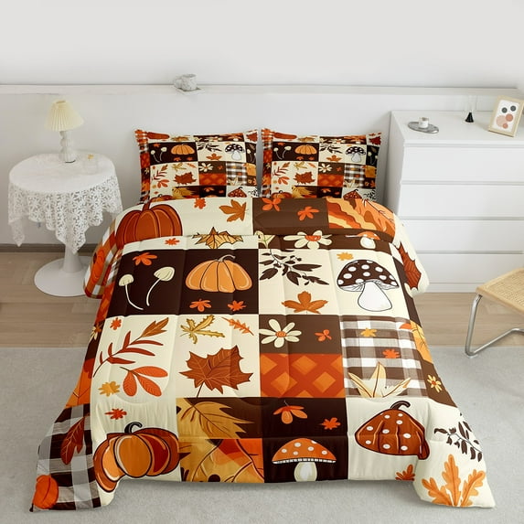 jejeloiu Cartoon Mushroom Queen Comforter Set,Fall Maple Pumpkin Bedding Sets,Autumn Fall Theme Bedding Comforter Set For Girls,Breathable Home Decor Reversible,3pcs
