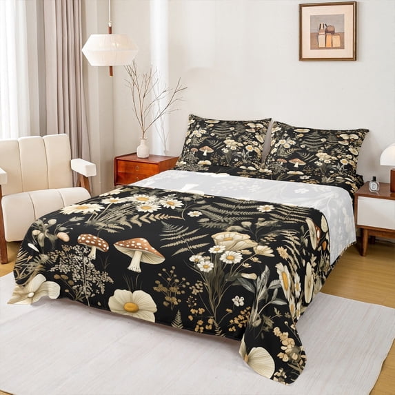 jejeloiu Cartoon Mushroom Queen Sheet Sets,Cute Flower Floral Flat Sheet,Wild Botanical Leaves Queen Fitted Sheet For Girls Kids,Super Cozy Room Decoration,4-Piece