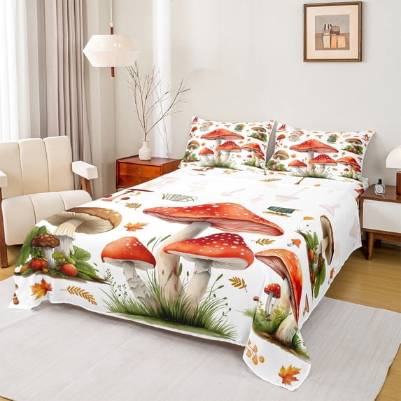 jejeloiu Cartoon Mushroom Twin Sheet Sets,Tropical Botanical Plant Twin Fitted Sheet,Red White Flat Sheet For Girls Teens,Ultra Soft Home Decor,3-Piece