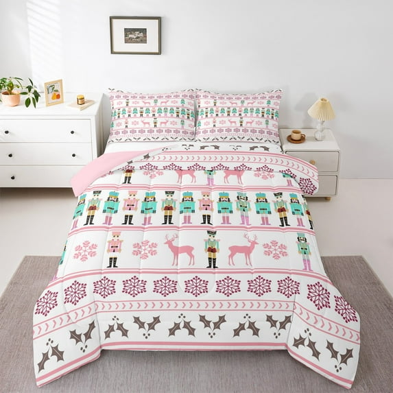 jejeloiu Cartoon Nutcracker Soldier Jungle Deer Christmas Full Comforter Set,Reversible Microfiber Girls Bedding,3-Piece
