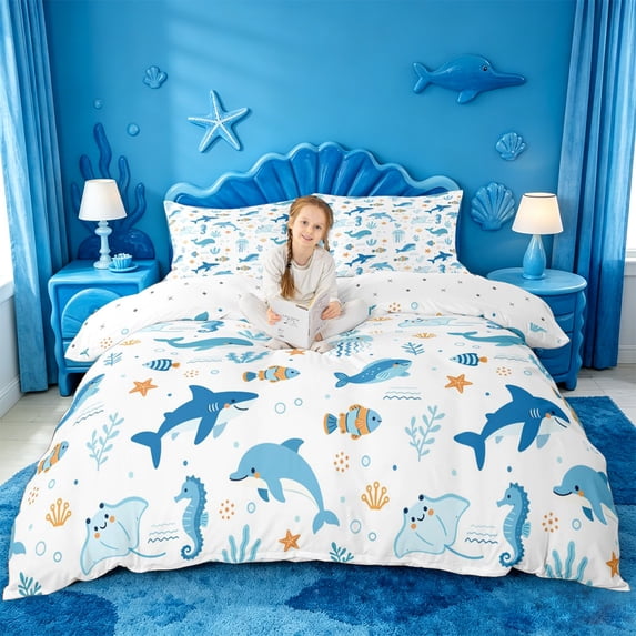 jejeloiu Cartoon Ocean Animals Bedding For Girls,Dolphin Shark Print Duvet Cover Full,Blue White,Reversible,3pcs,1 Duvet Cover and 2 Pillowcases