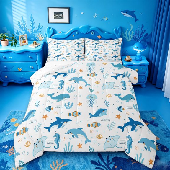 jejeloiu Cartoon Ocean Animals Full Size Comforter Sets For Girls,Dolphin Shark Print Bedding Comforter Set,Blue White,Reversible,3-Piece,1 Comforter and 2 Pillowcases