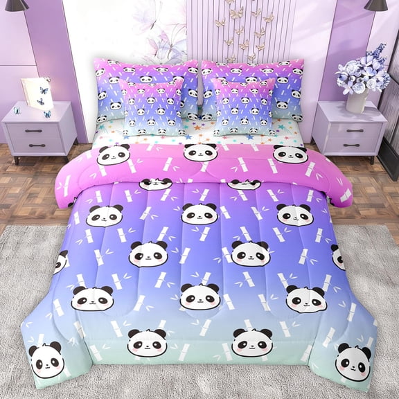 jejeloiu Cartoon Panda Animal 7-Piece Bedding Comforter Set,Wildlife King Bedding Sets,Pink Purple Blue Bed Sheets For Girls,Breathable Home Decor Reversible