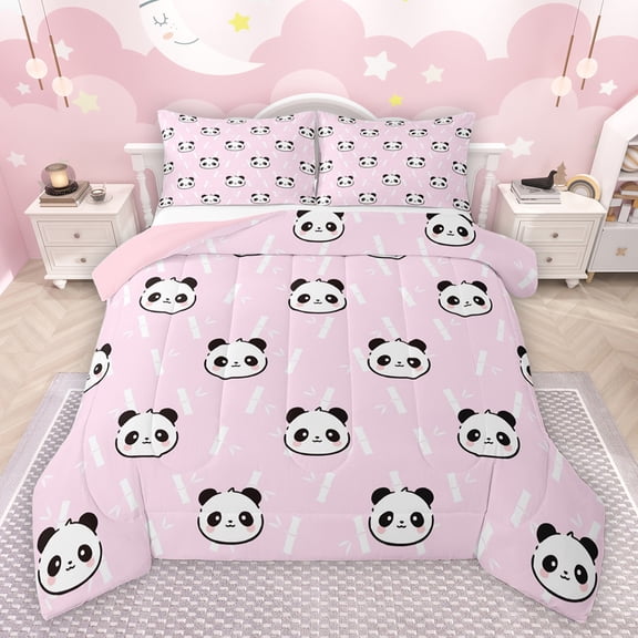 jejeloiu Cartoon Panda Animal Bedding Comforter Set,Wildlife Twin Comforter Sets,Pink White Black Bedding Set For Girls,Breathable Home Decor Reversible,2-Piece