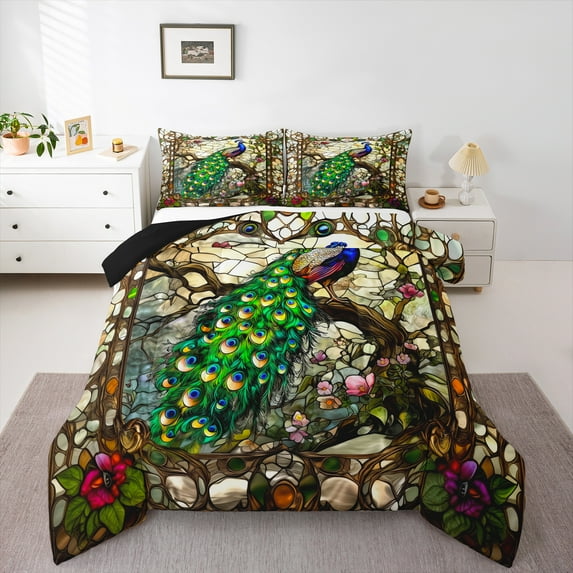 jejeloiu Cartoon Peacock Bedding Comforter Set,Zoo Animal Twin Comforter Sets,Rustic Flower Floral Bedding Set For Girls,Luxury Bedroom Decor Reversible,2 Pieces