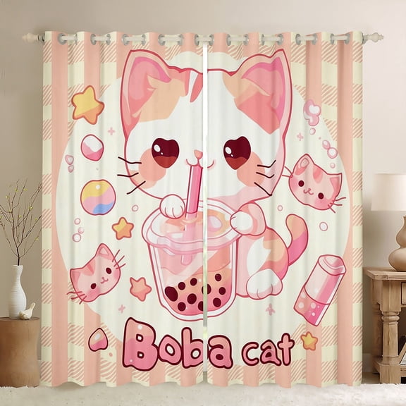jejeloiu Cartoon Pet Cat Curtains Pack of 2 (42x84 Each),Boba Bubble Tea Curtains Blackout,Kawaii Kitten Bedroom Curtains For Children,Ultra Soft Home Decor