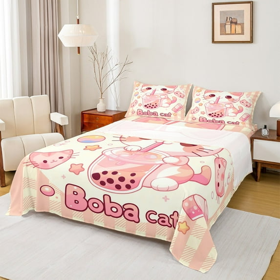 jejeloiu Cartoon Pet Cat Twin Sheet Sets,Boba Bubble Tea Twin Fitted Sheet,Kawaii Kitten Flat Sheet For Children,Ultra Soft Home Decor,3 Pieces