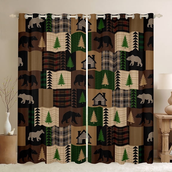 jejeloiu Cartoon Pine Tree Black Out Curtains,Rustic Farmhouse Wild Bear Curtains Pack of 2 (42x63 Each),Brown Patchwork Grid Bedroom Curtains For Boys Teens,Luxury Bedroom Decor